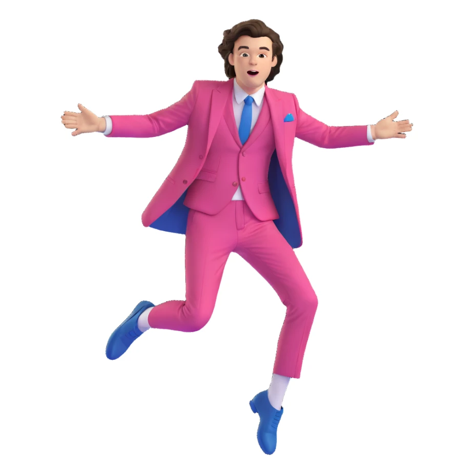 Harry Styles mid-air jump, colorful stage lights, fashionable suit, dynamic movement sticker