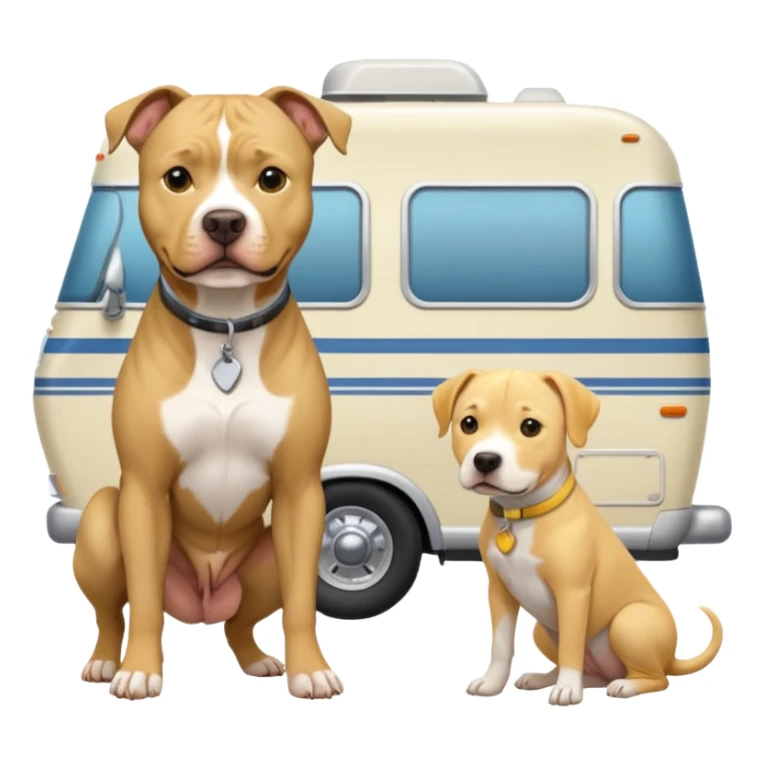 Gray pit bull next to yellow lab in front of an rv  sticker