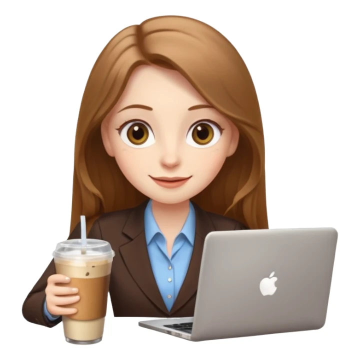 Women in front of laptop with a happy face, face a little fuller, long light brown hair, light brown big eyes, light pale skin with a iced coffee on the side, business attire sticker