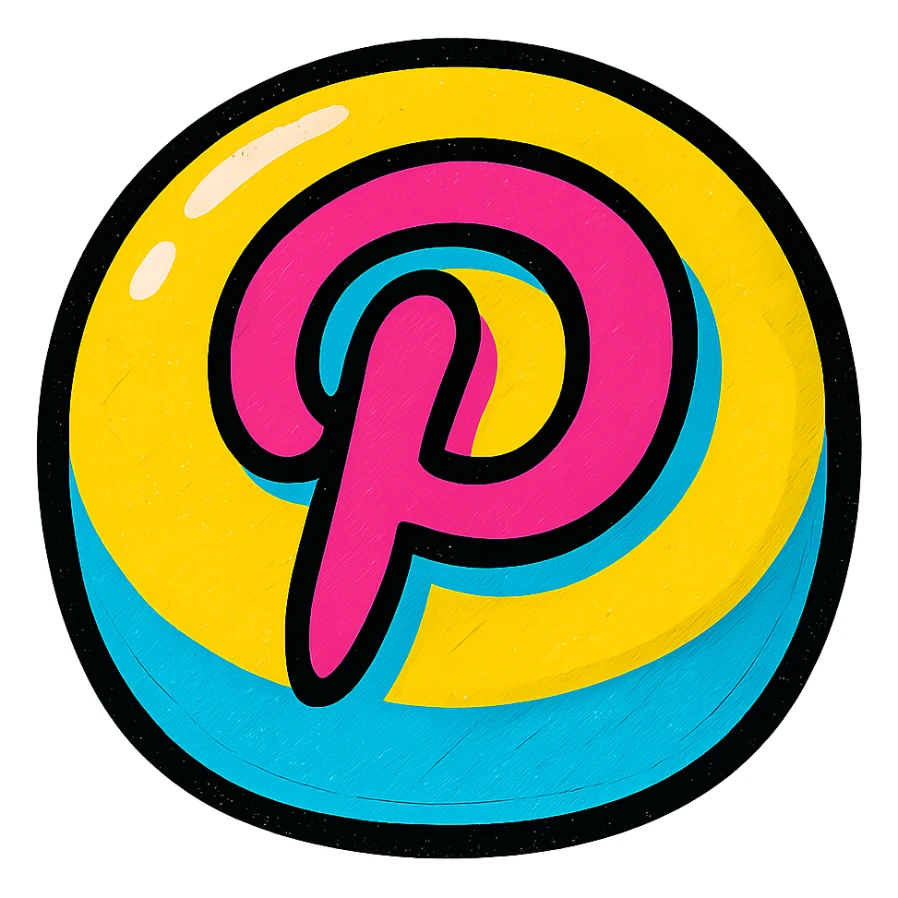 plump rounded Pinterest logo with bold black outlines, clear shadows, glossy highlights, juicy soft playful colorful outlined look sticker