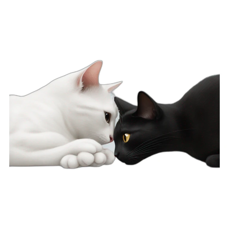 A white cat is licking a black cat sticker