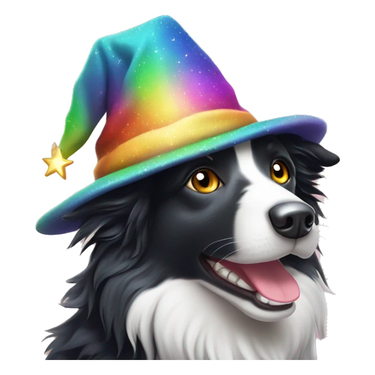 Rainbow-coloured Border Collie wearing a velvet wizard hat covered with tiny, sparkling, silver stars.  sticker