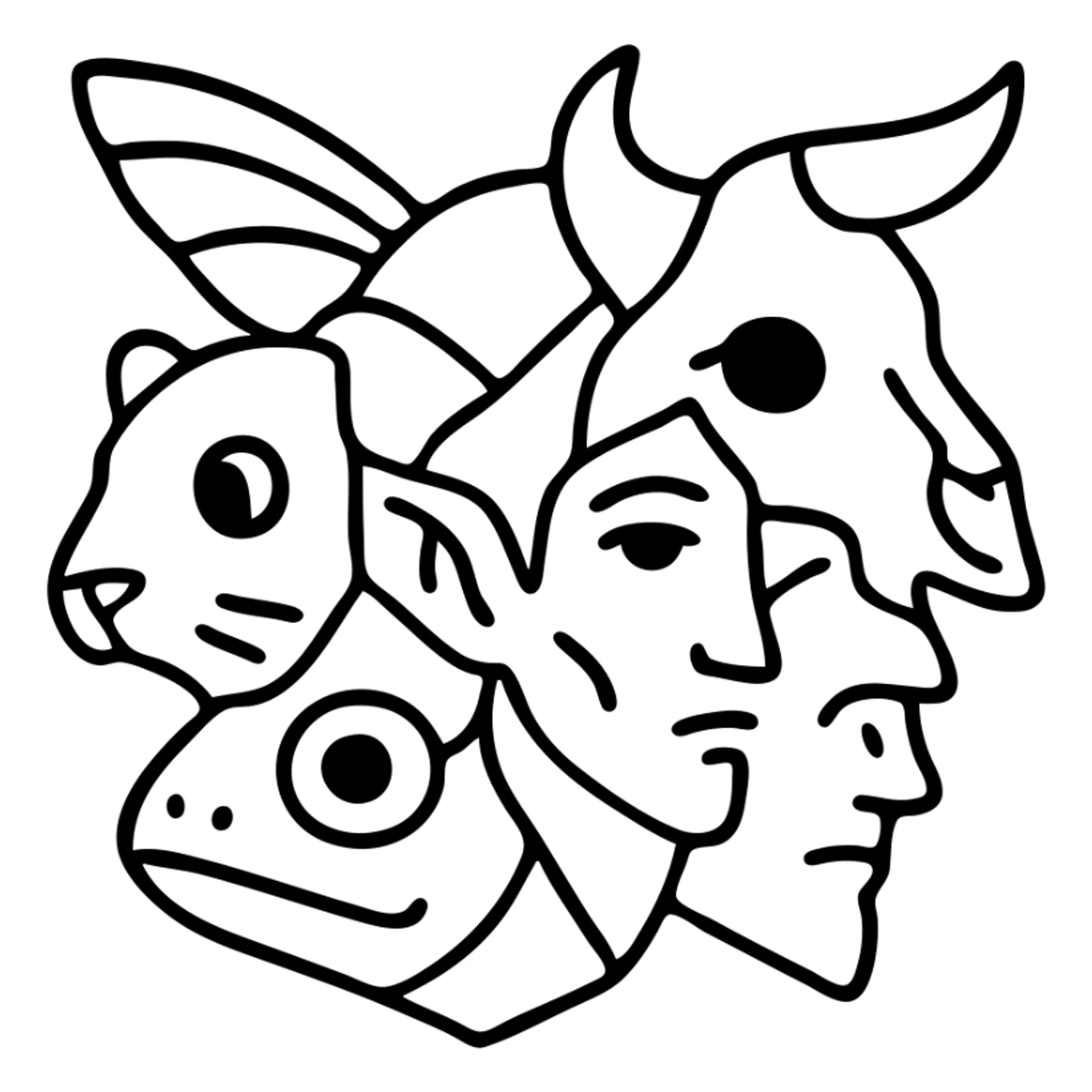 a red fragmented collage with clear dividing lines between pieces: stoat face section, minotaur skull section with broken horn, frog eye/mouth section, elf ear/features section, cat whisker section, and moth wings extending from the back of the head, arranged in an irregular shape with deliberate line splits, worn and scratched appearance sticker