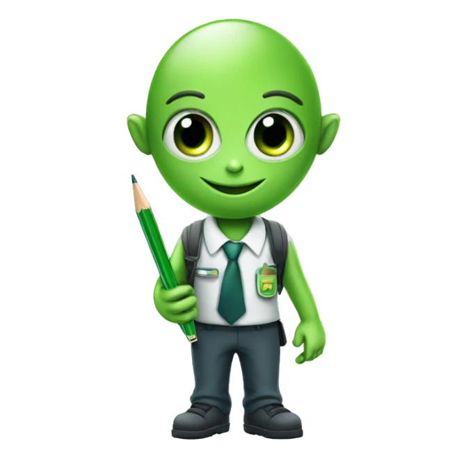 a green alien in school uniform holding a pen sticker