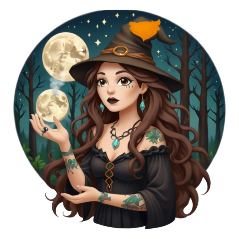 forest witch woman long wavy brown hair tattoos blowing moon dust sticker