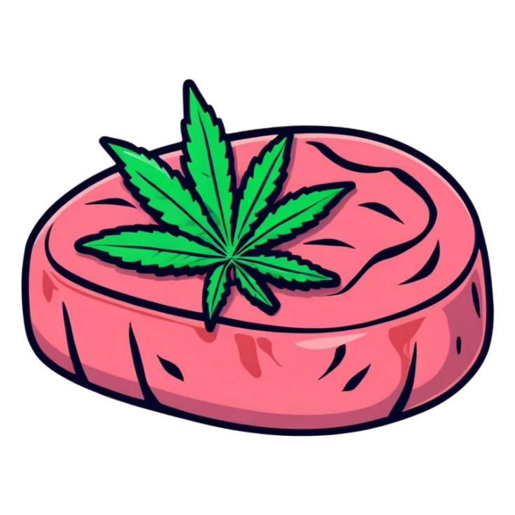 Pink wagyu steak with cannabis leaf decoration sticker