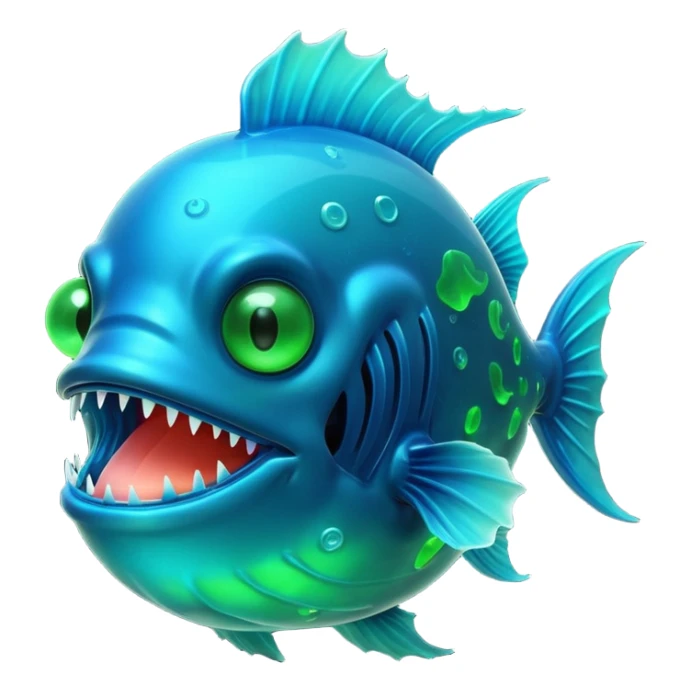 3D render of Anglerfish, bioluminescent deep sea style, glowing neon blue and green lights, dark background to contrast the glow, translucent organic textures, Apple emoji style, 3D render --v 6.0 sticker