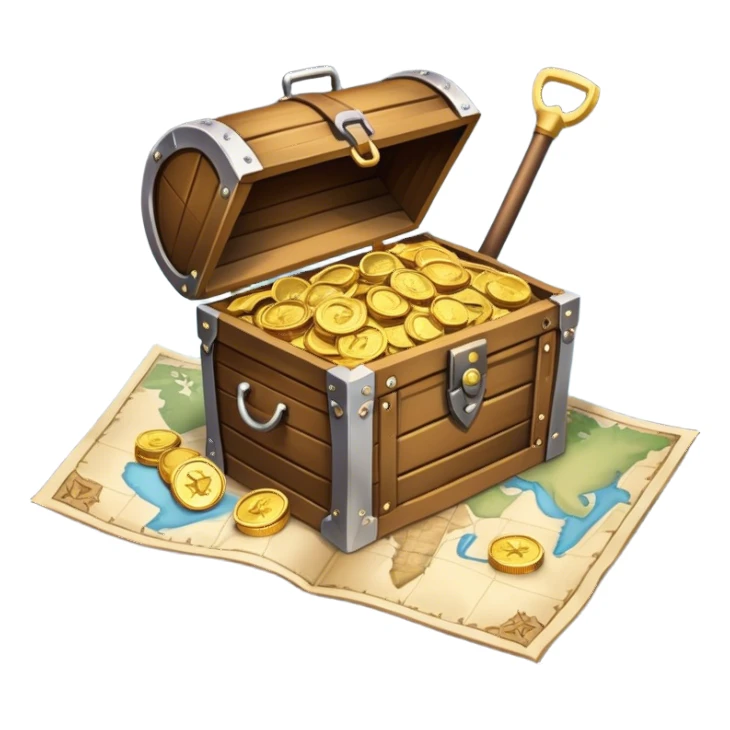 An icon featuring a treasure chest overflowing with gold, a treasure map with a compass rose, a backpack, and a shovel. The map guides the way, symbolizing the adventure of treasure hunting. Set against a transparent background, the design evokes excitement and exploration. sticker