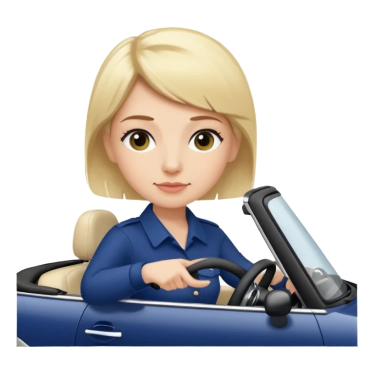 navy blue convertible Mini Cooper, with short, blonde colored haired woman driving - update woman to fair skinned sticker