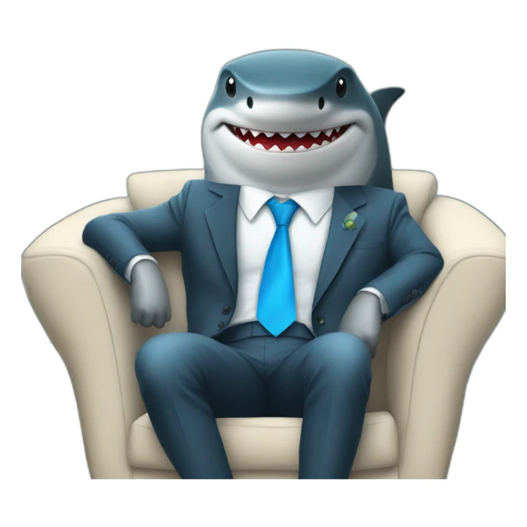 A shark wearing a suit looking straight while sitting in a chair with a blue tie sticker