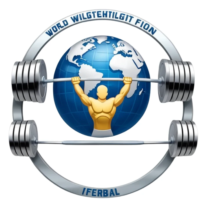 An emblem for the World Weightlifting Federation, featuring a stylized barbell, global elements like a globe, and bold text. The design is sleek, dynamic, and modern with a transparent background. sticker