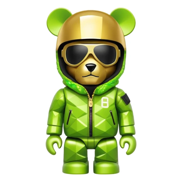 geometric bearbrick in lime graffiti balaclava wearing large snowboard style panoramic shield visor with single continuous lens, no eye division, luxury down jacket with fur, gold chains sticker