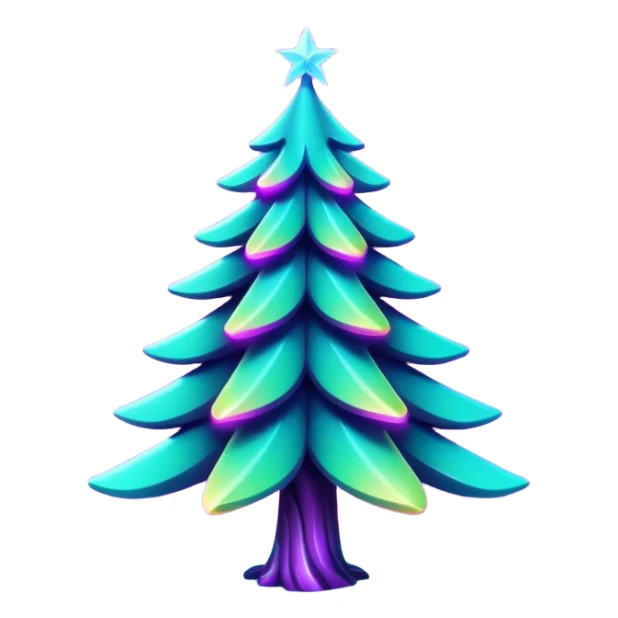 Futuristic glowing Christmas tree emoji with neon decorations, purple and cyan holographic glow, dark background, festive sparkles, no face. sticker