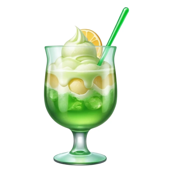 Create an emoji with a clear rounded glass, bright transparent green soda, vanilla ice cream scoop
 sticker
