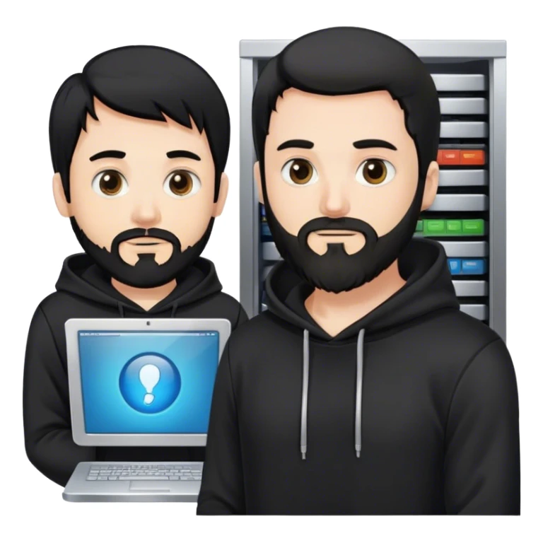 hackeur blanc cheveux noir barbe et capuche noir à côté d'un server sticker
