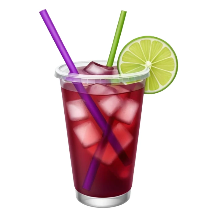 maroon purple cocktail with a lime wedge in the drink in a plastic cup with lid and straw  sticker