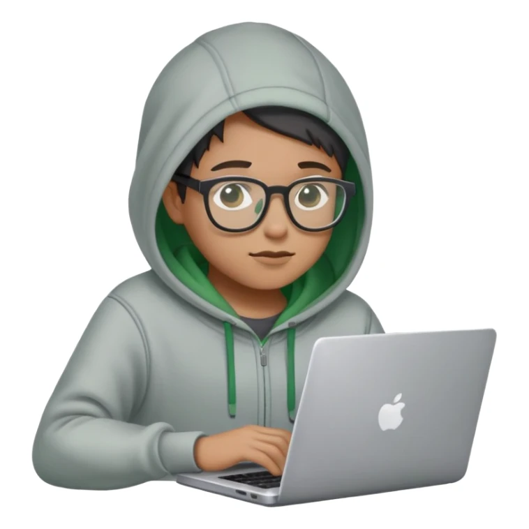 A person with glasses, wearing a hoodie, working on a laptop with code on the screen. sticker