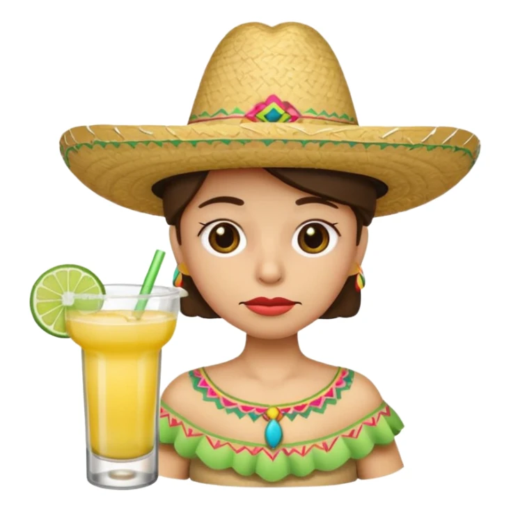 Sad face emoji wearing sombrero drinking margarita sticker