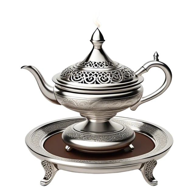 A luxurious Arabian incense burner (mabkhara) elegantly releasing swirling trails of oud or bakhoor smoke, creating a warm and mystical atmosphere. The intricately designed silver burner, placed on a polished tray, exudes opulence and tradition.  sticker