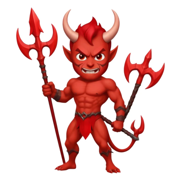 Emoji-style devil: red skin, horns, muscular body, red trident, angry face, sticker