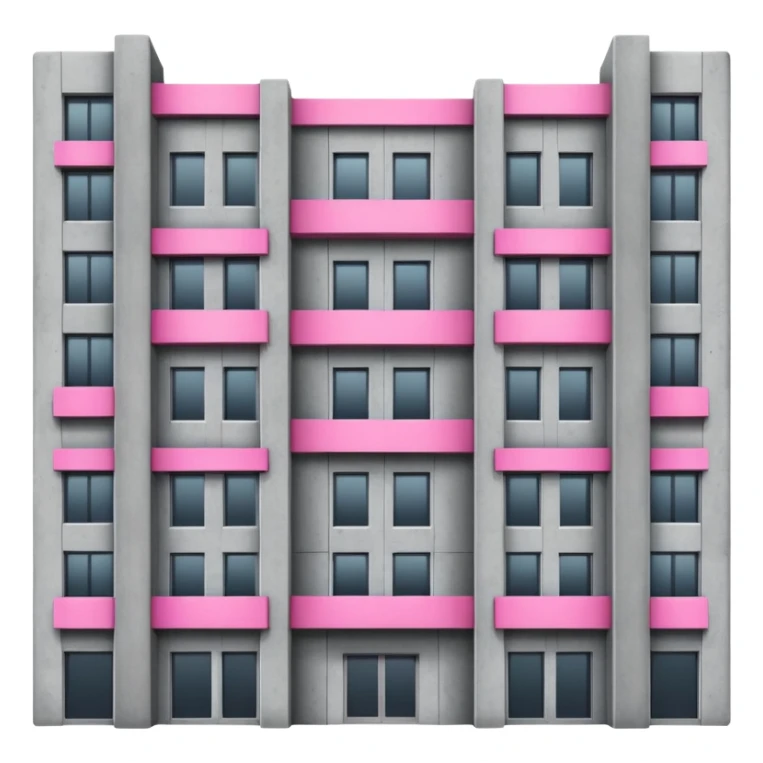 Brutalist gray concrete building with multiple windows where only one window glows bright pink and the rest are normal sticker