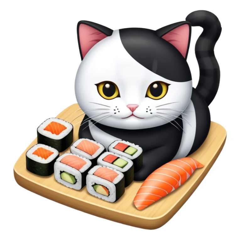 Mix een zwarte kat mat witte vlekken met een sushi sticker