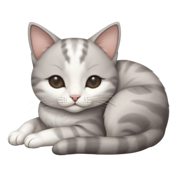 grey and white small cat with eyes closed lying down with its head resting own paw sticker