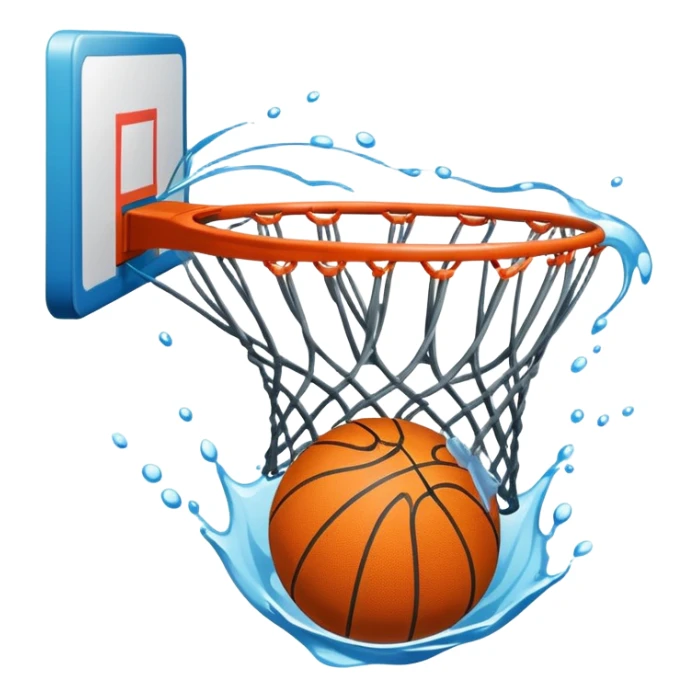 Basketball with net creating a splash effect as ball goes through, water-like net, iOS emoji style sticker