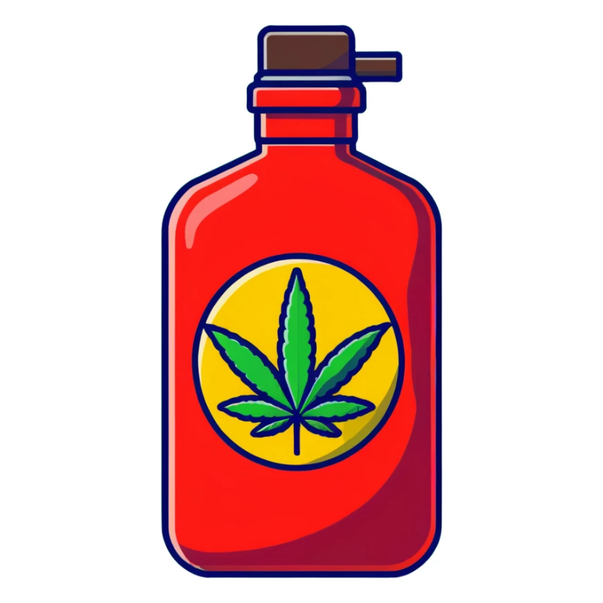bright red gasoline canister surrounded by a banana, an apple, grapes, and a cannabis leaf, red fuel can with fruits and marijuana leaf arranged around it sticker