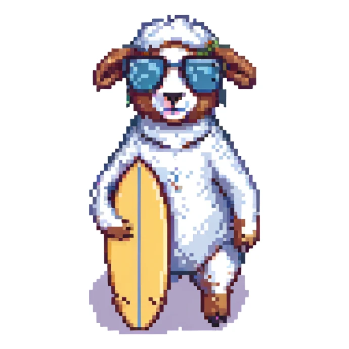 Add cool sunglasses to the sheep while keeping the surfboard and pixel art style the same. Remove the background. sticker