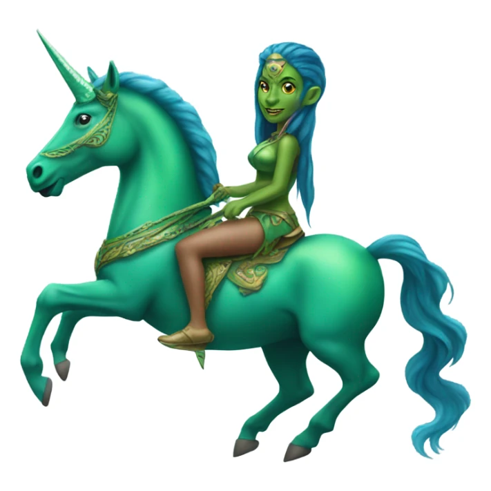 a green amazon alien woman on a blue unicorn sticker