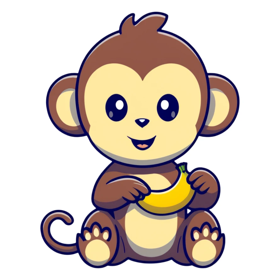 super kawaii baby monkey with big shiny eyes and tiny paws carefully peeling a banana sticker