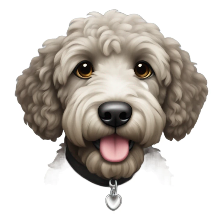 Black goldendoodle with white chest sticker