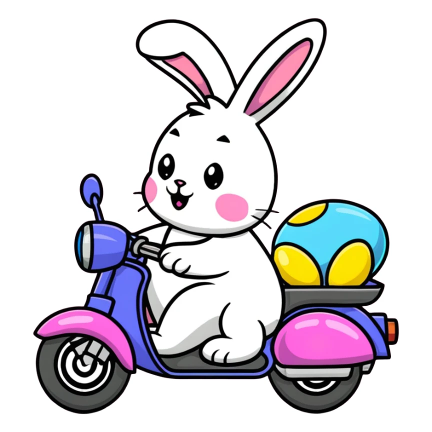 Easter bunny riding a BMW boxer motorcycle with trees and grass in the background, colorful Easter eggs hidden in the grass, and more bunnies watching from the side of the road sticker