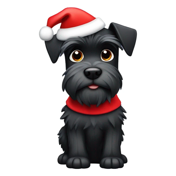 Black miniature schnauzer with spiky hair wearing a Santa hat sticker