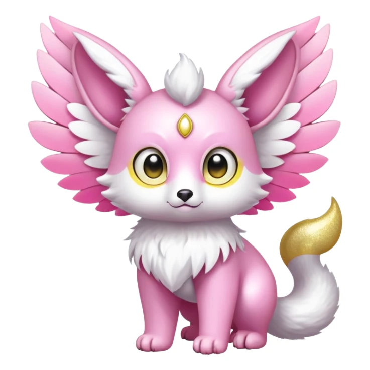 Shiny epic glittery divine white yellow pink animal-fakemon-creature with head-ear-wings, cute, adorable, big eyes, fluffy tail sticker