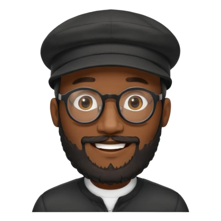 A stylish black man wearing glasses, with a full beard, wearing a black cap, realistic, high detail, studio lighting. sticker
