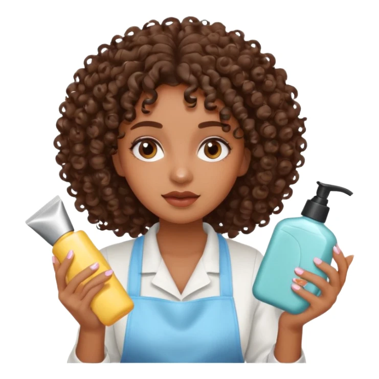 Menina na cor parda, com os cabelos bem cacheados e fazendo o movimento col produtos na mão limpando e cuidando do rosto sticker