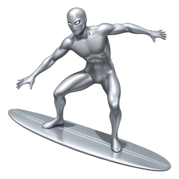 silver surfer standing on his board, dynamic pose, metallic shine sticker
