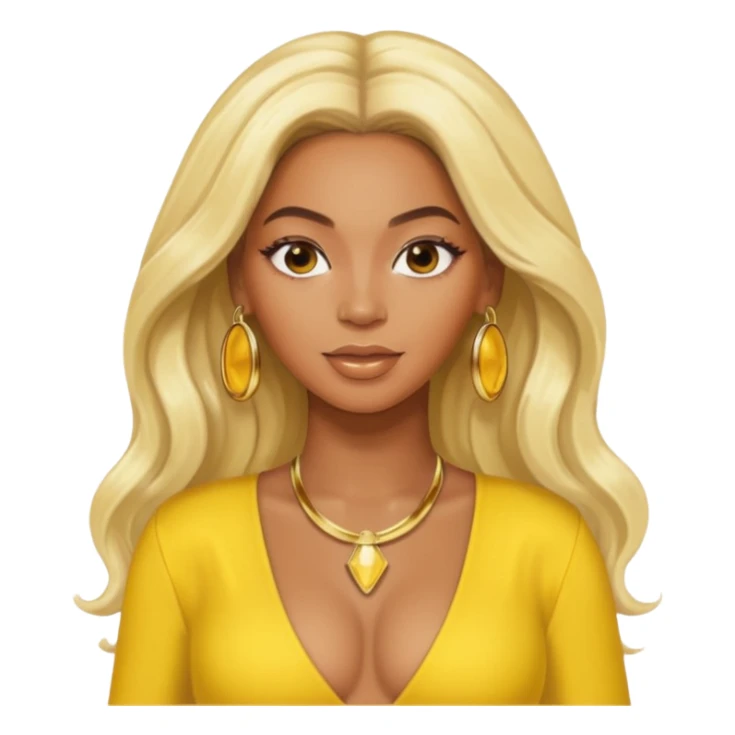 Beyonce with platinum blonde long hair, yellow outfit and earring sticker