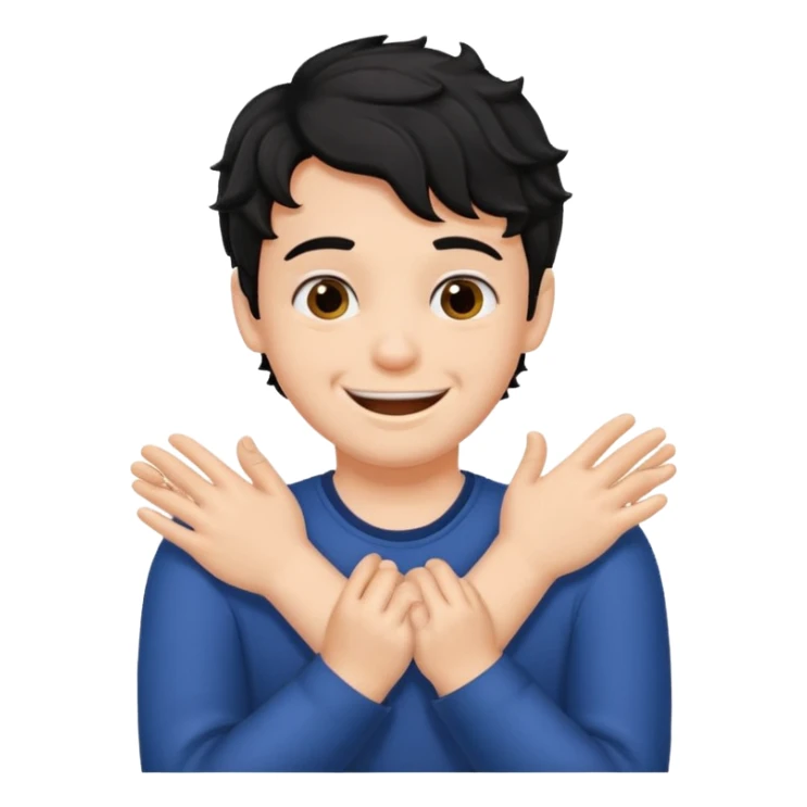 a boy with black wavy hair smiling very big but strangling his neck with his hands sticker