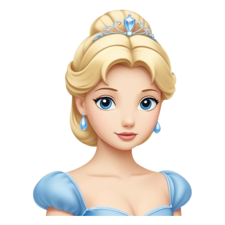 Cinematic Elegant Cinderella Portrait Emoji, rendered in a flat, vector-style with minimal shading and bold, simplified shapes. Depict Cinderella in her classic ball gown (chest and above) with fair, porcelain skin and elegantly styled blonde hair, her eyes soft and kind, and her expression serene and graceful. The design glows with a gentle, enchanting radiance and high shine, capturing the timeless beauty of a fairy tale princess. sticker