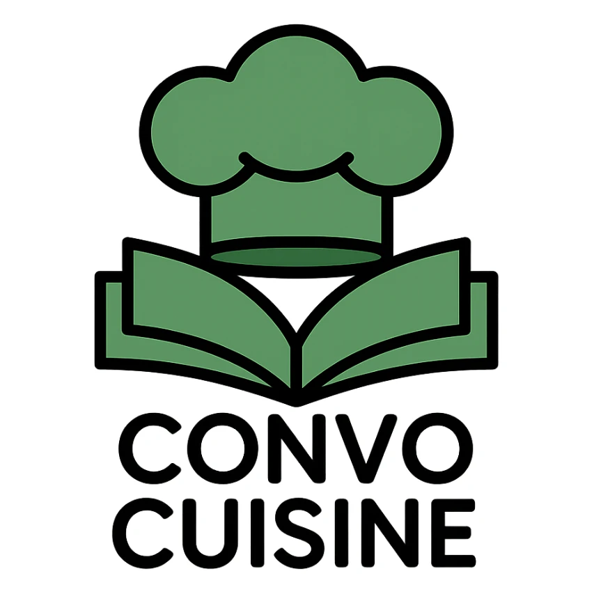 green elegant logo for Convo Cuisine recipe book with chef hat and open book sticker