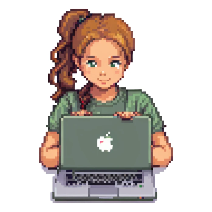 girl with ponytail using a laptop with an apple logo, simple background, pixel art style sticker