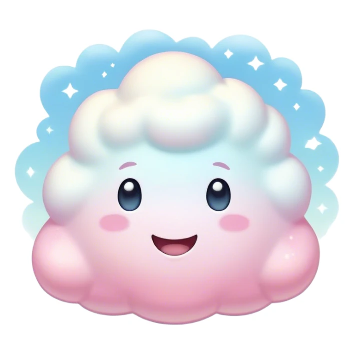 Cinematic fluffy pastel marshmallow character, soft round edges, tiny sparkly eyes, a small happy smile, glowing warmly, floating in a dreamy soft sky. sticker