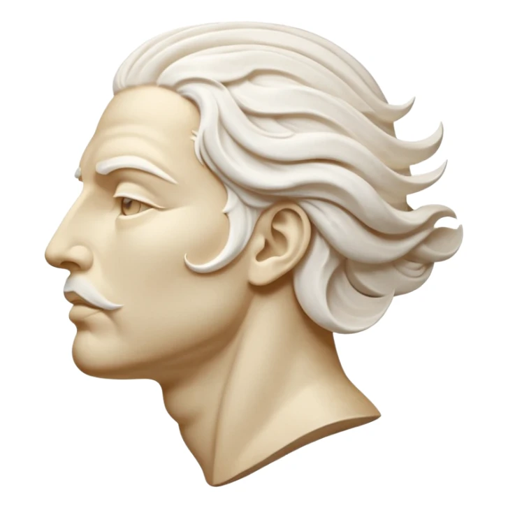 Create a stylized illustration of a classical face carved in white marble, shown in profile, gently blowing wind. The wind is depicted as decorative swirling lines emerging from the mouth.  sticker