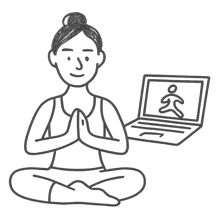 hand-drawn outlined icon of a yoga teacher with a laptop sticker