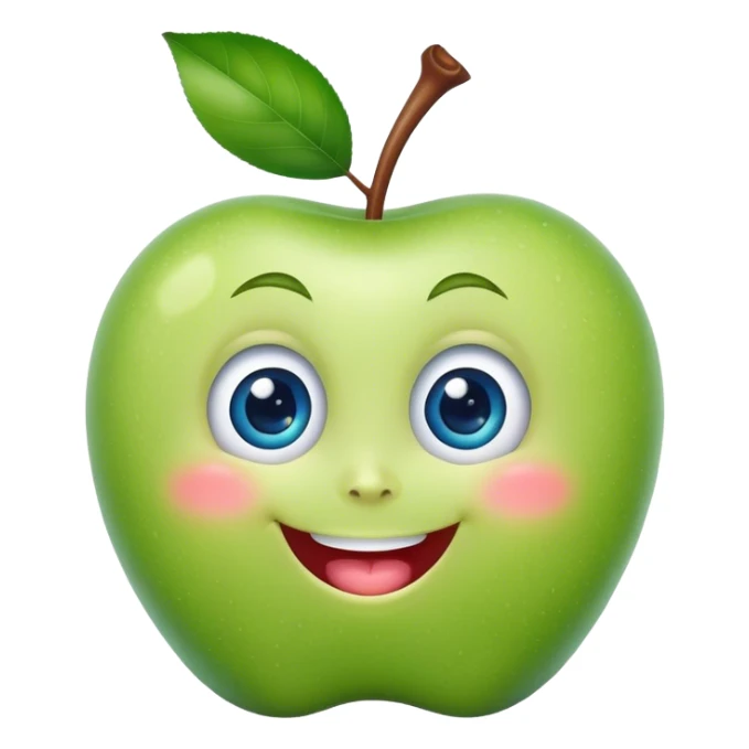 A cute green apple with a big smile and blue expressive big eyes sticker