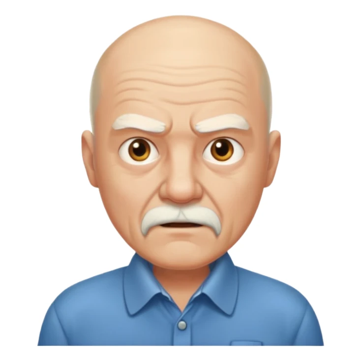 a portrait of aggressive elderly man, bald head, beard, wearing shirt sticker