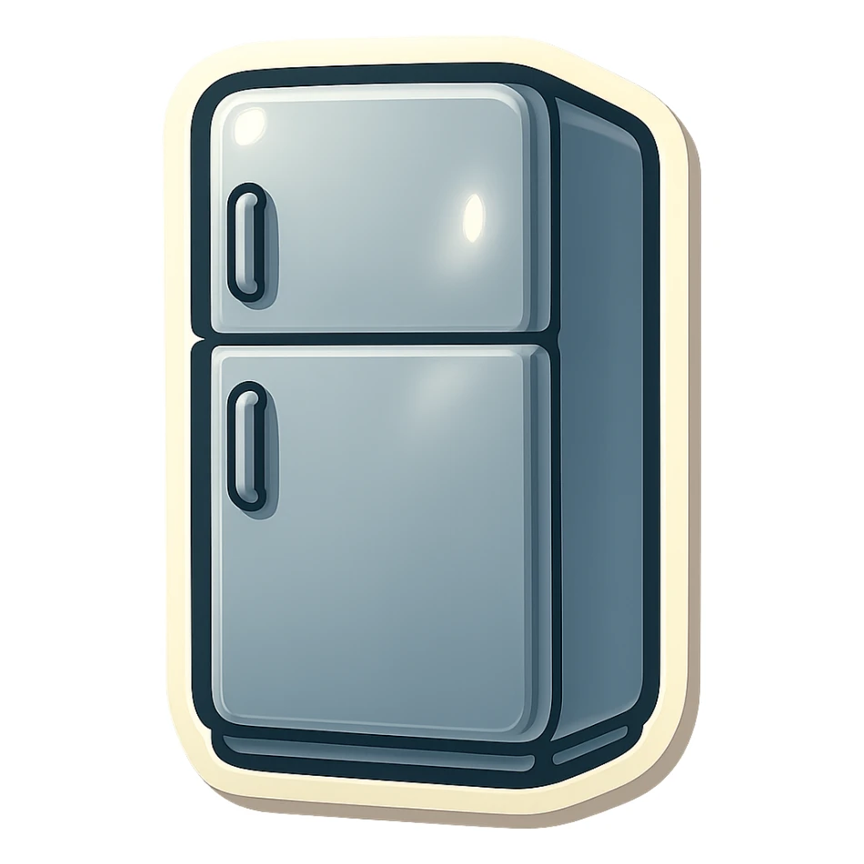 Closed modern refrigerator, flat vector style, rounded edges, simple handles, clean silver surface, minimal details, soft shadows, no brand logos, UI sticker look, slightly wider proportions. sticker
